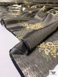 Italian Floral Bouquets Printed Silk Lamé - Black / Gold / Green / Olive