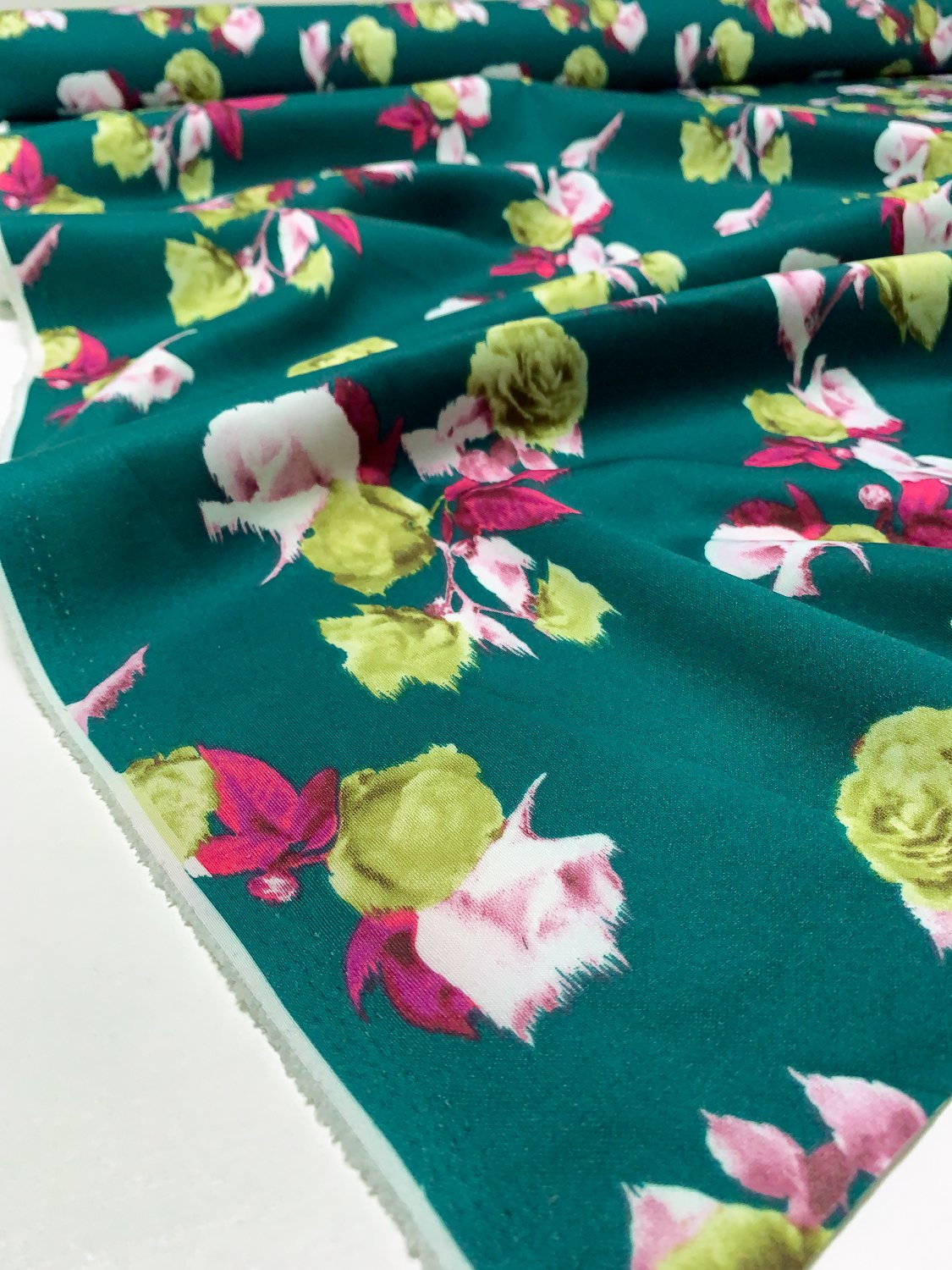 Ikat Floral Printed Scuba - Evergreen / Lime Green / Magenta