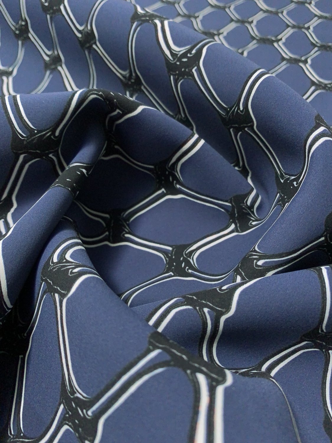 Italian Bone Web Printed Scuba - Independence Blue / Black / White