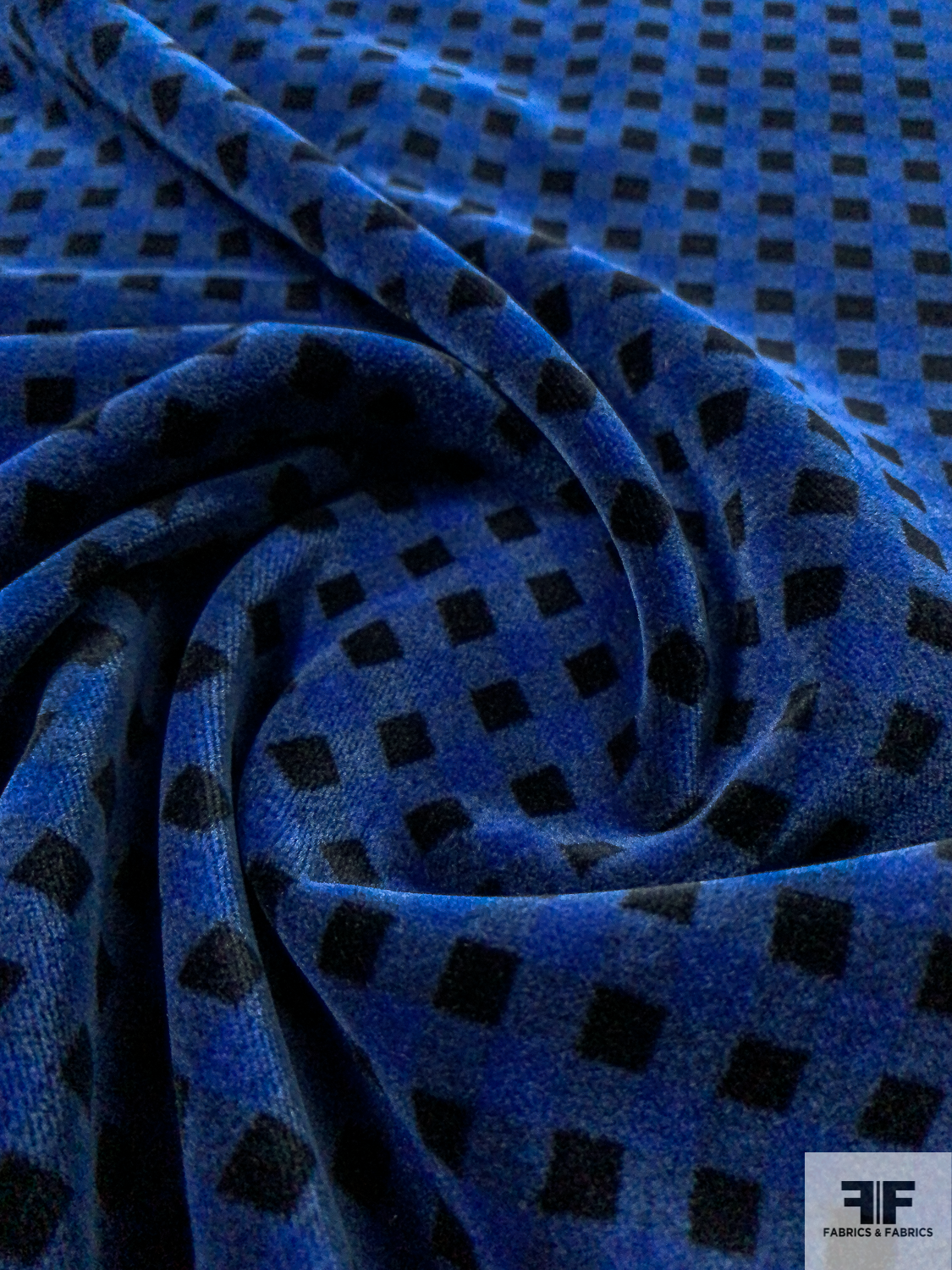 Italian Square Grid Printed Cotton Velveteen - Royal Blue / Black