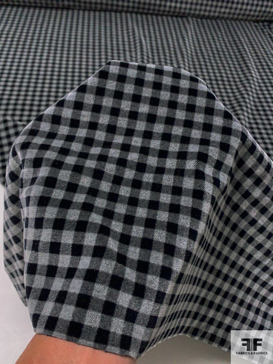 Italian Gingham Check Printed Cotton Velveteen - Grey / Black