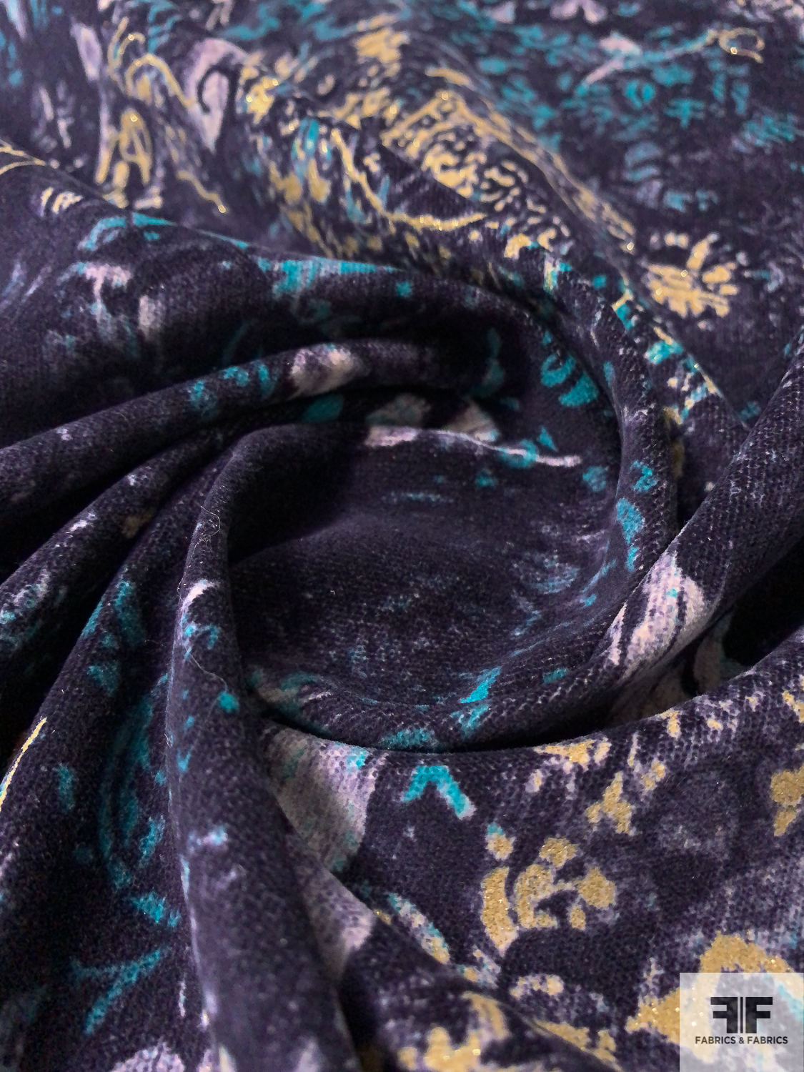 Abstract Regal Printed Stretch Corduroy Velveteen - Eggplant / Purple / Turquoise / Butter Yellow