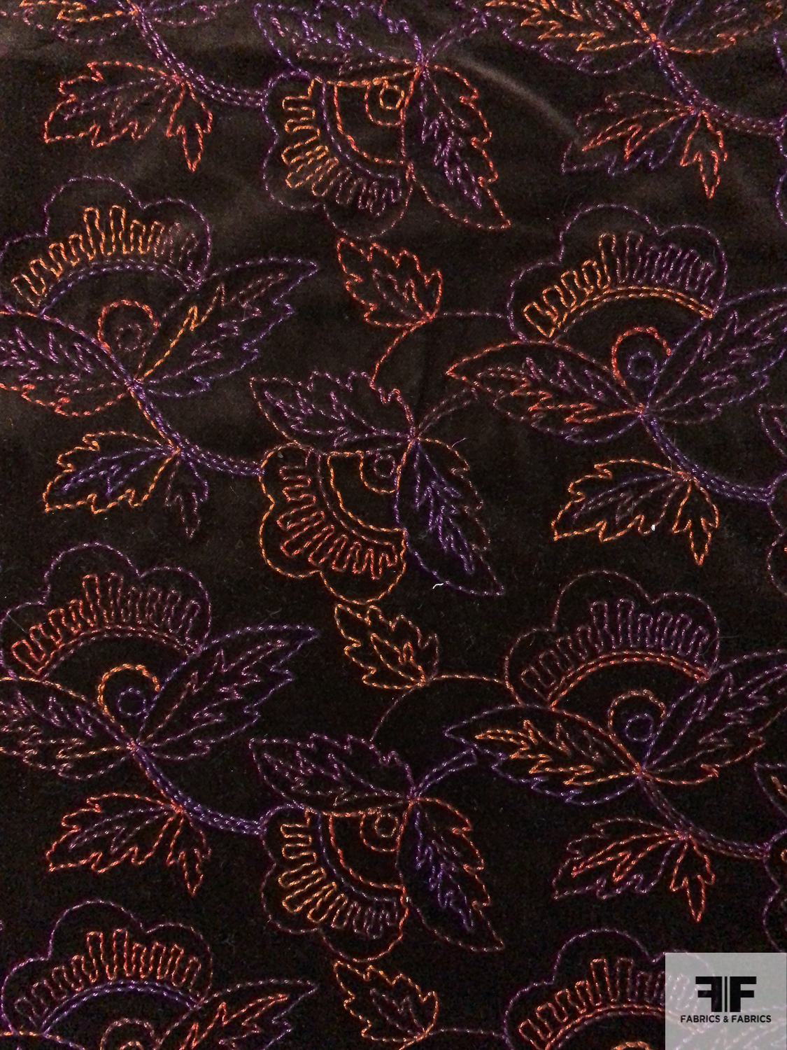 Italian Floral Embroidered Cotton Velveteen - Coffee Bean / Violet / Brick Orange