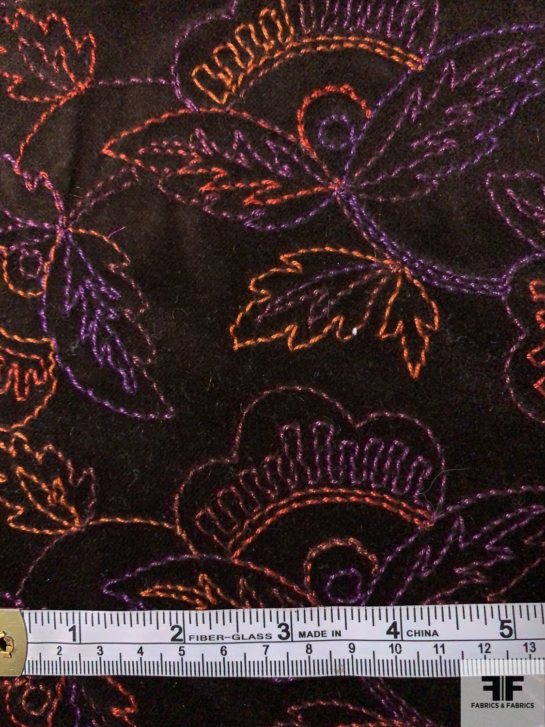 Italian Floral Embroidered Cotton Velveteen - Coffee Bean / Violet / Brick Orange