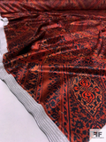 Marrakesh Inspired Printed Stretch Polyester Velvet - Brick Red / Hot Orange / Black