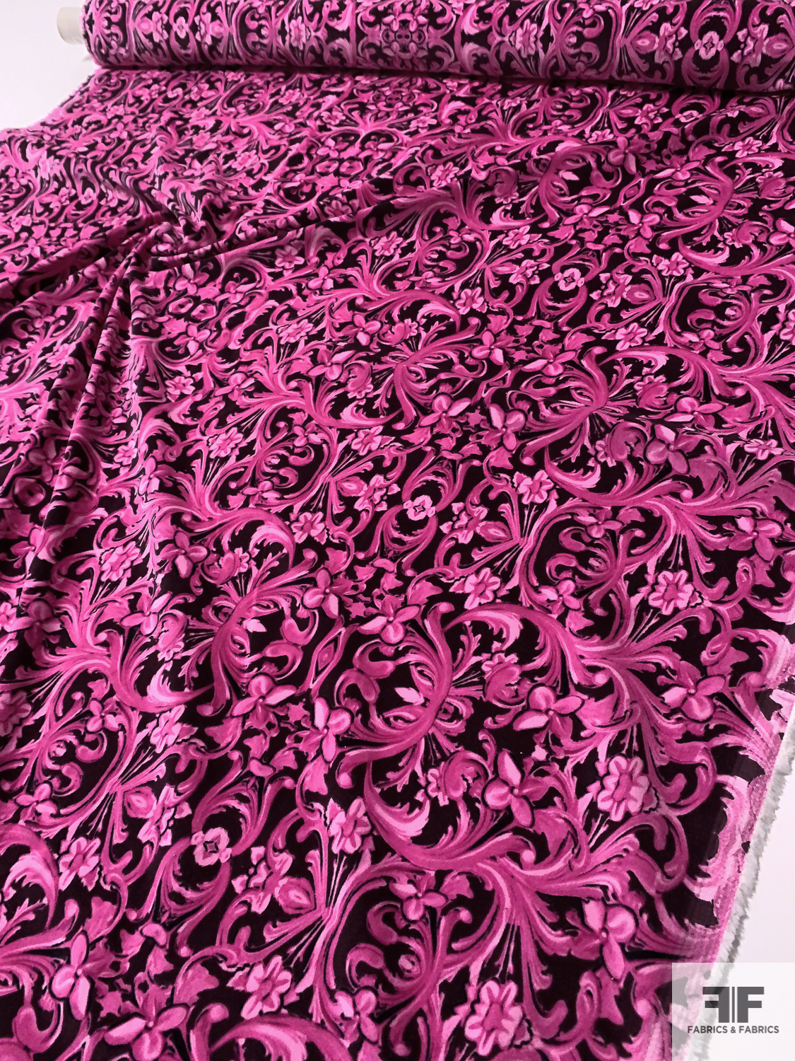 Ornate Regal Printed Stretch Cotton Velveteen - Rose Pink / Plum