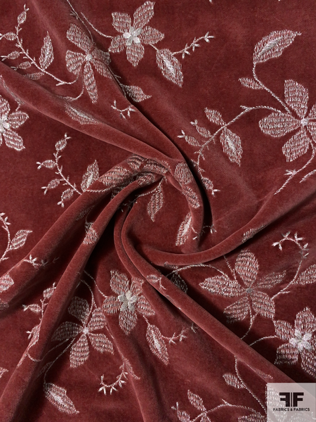 Whimsical Floral Embroidered Cotton Velveteen - Rustic Red/Silver ...