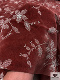 Whimsical Floral Embroidered Cotton Velveteen - Rustic Red / Silver