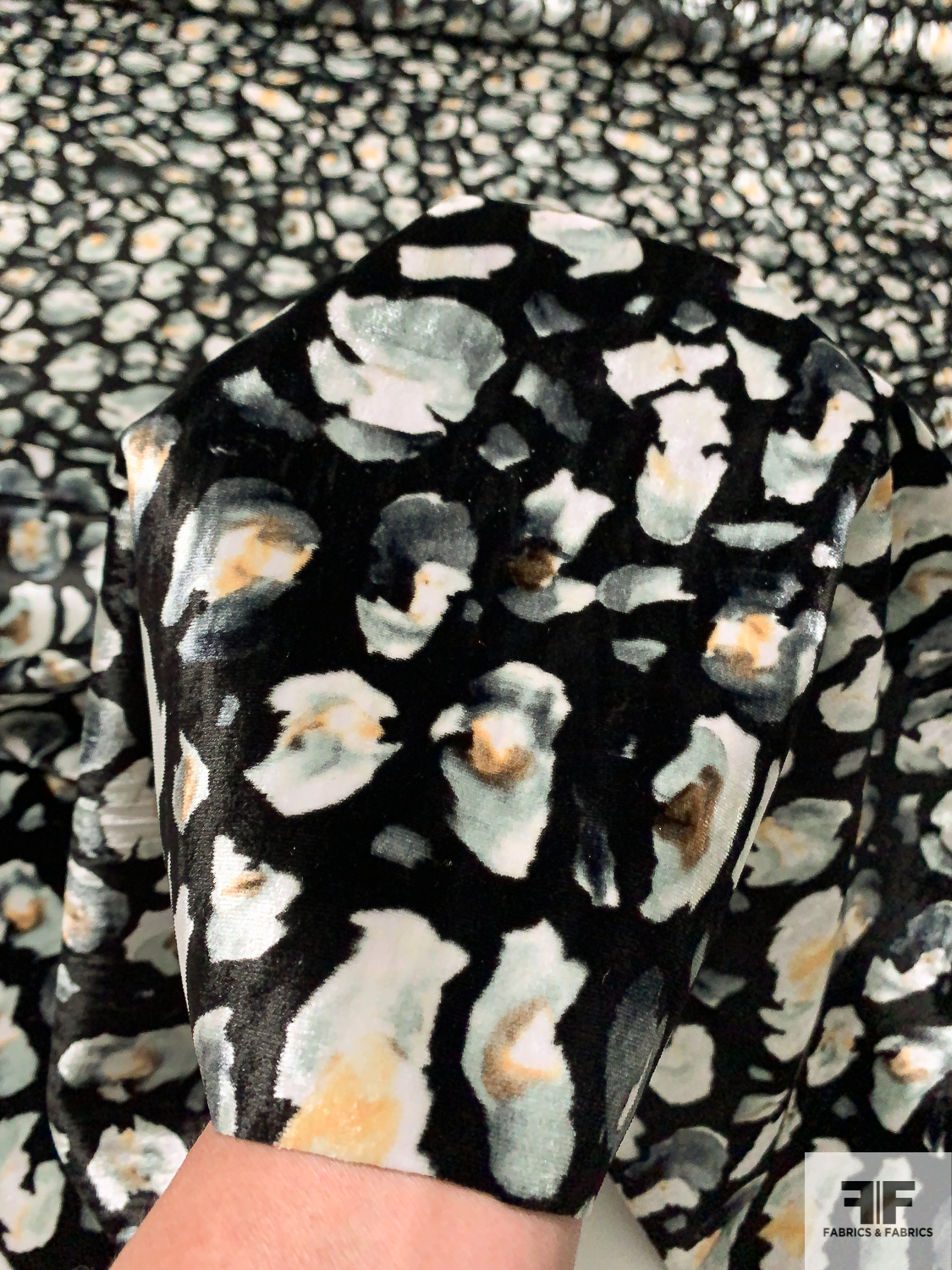 Italian Abstract Painterly Printed Silk-Rayon Velvet with Fused Back - Black / White / Grey / Apricot