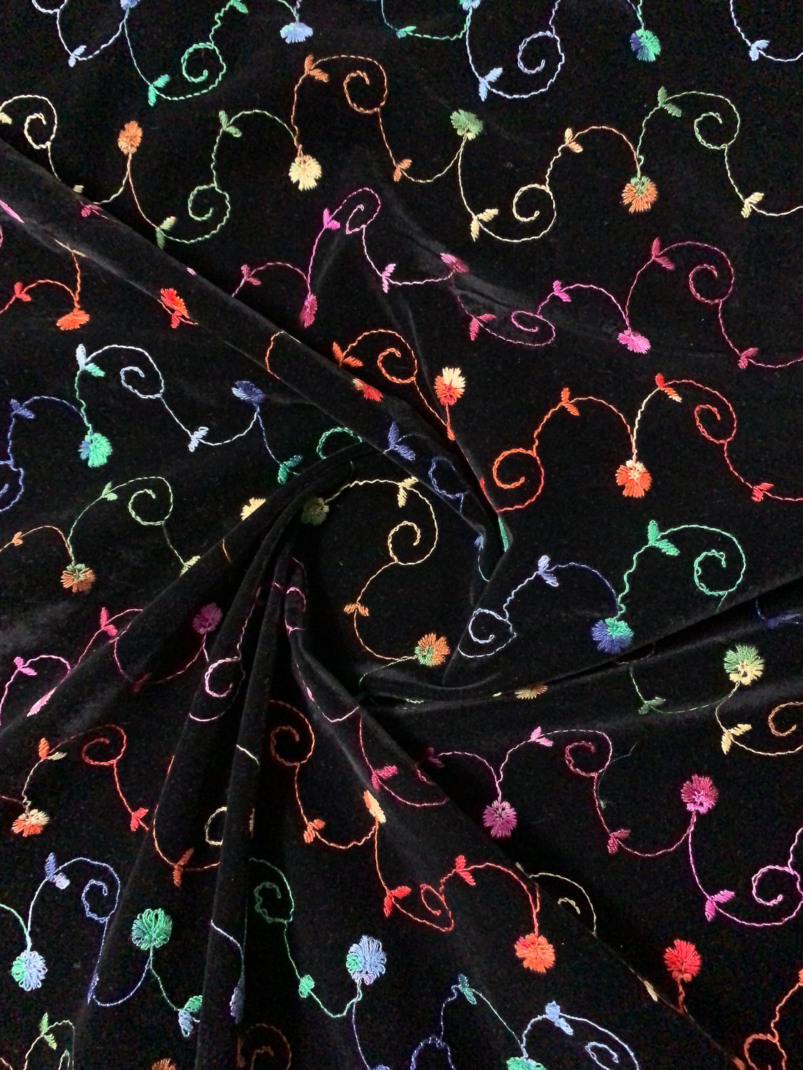 Rainbow Floral Swirl Embroidered Cotton Velveteen - Multicolor
