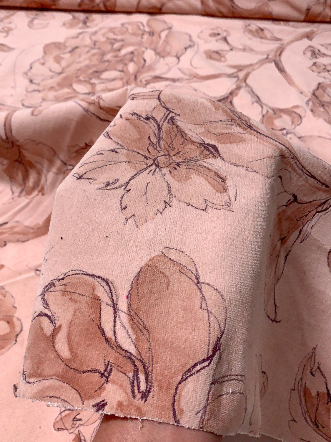 Watercolor Floral Printed Stretch Corduroy Velveteen - Light Pink / Dusty Rose / Purple