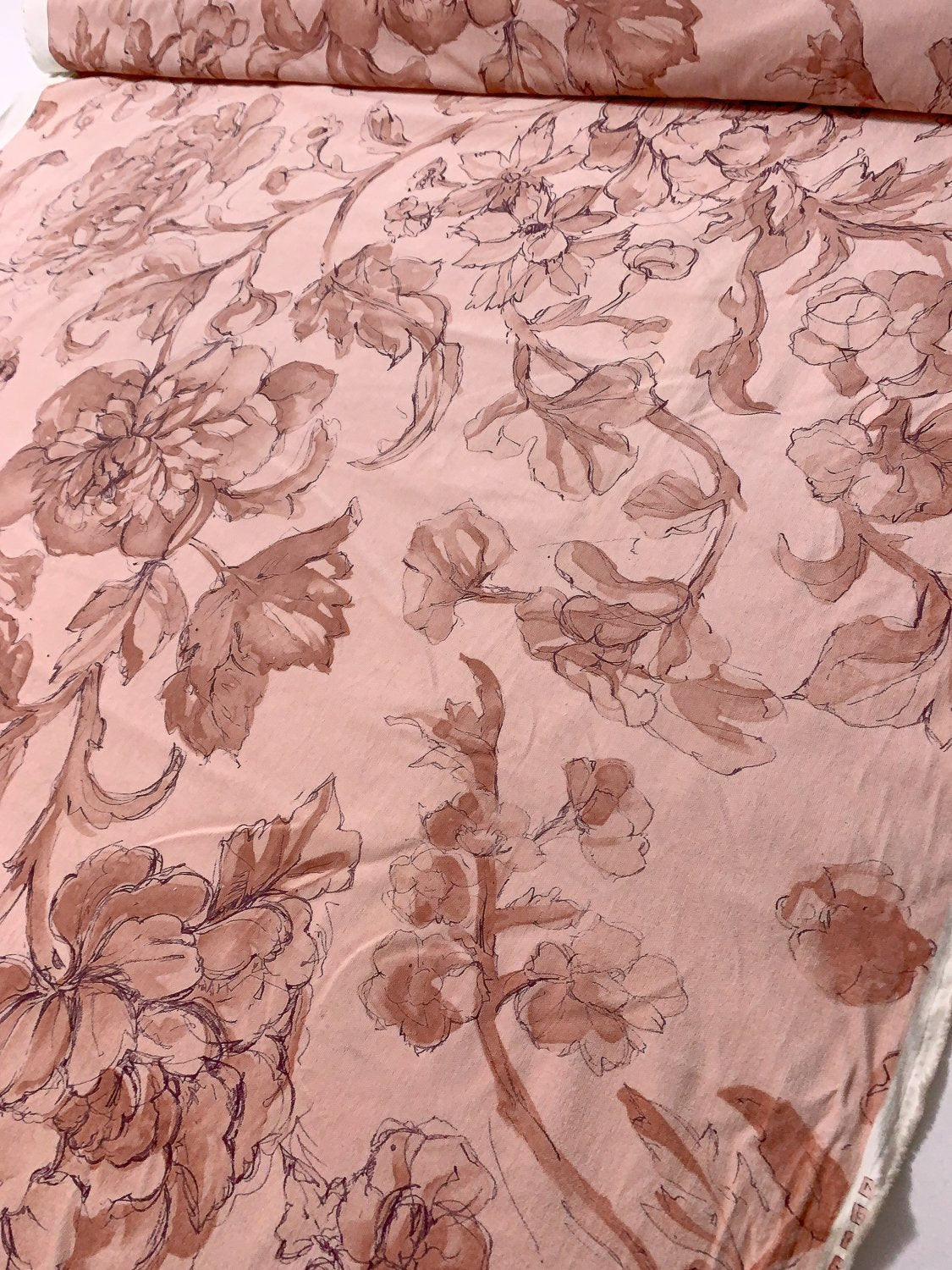 Watercolor Floral Printed Stretch Corduroy Velveteen - Light Pink / Dusty Rose / Purple