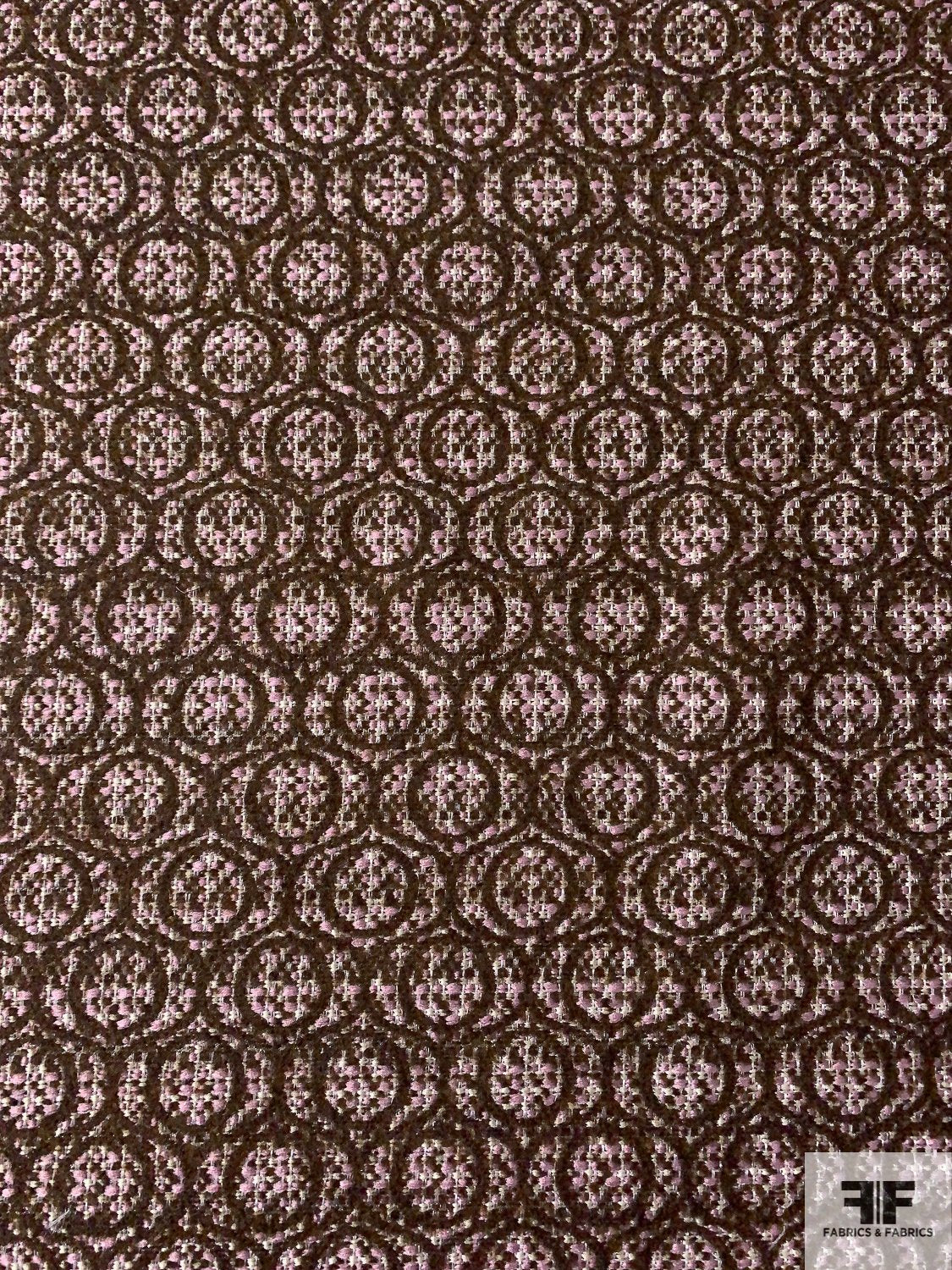 Italian Art Deco Circular Pattern Wool Blend Tweed Brocade - Brown / Orchid / Cream
