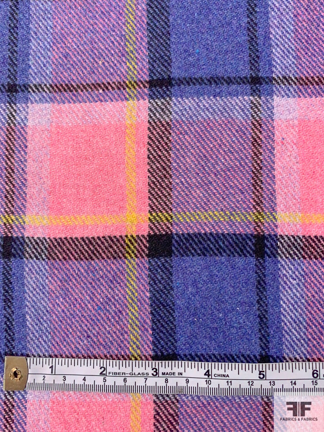 Italian Plaid Acrylic Blend Flannel Suiting - Pink / Dark Periwinkle / Yellow / Black