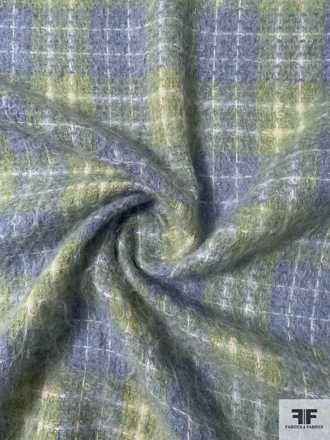 Italian Plaid Lightweight Wool-Mohair  Coating - Dusty Sky Blue / Soft Green / Ivory