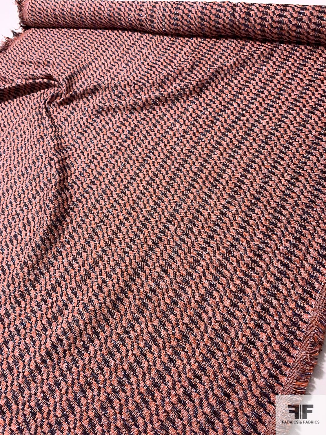 French Glam Cotton Tweed Suiting with Lurex Threadwork - Orange / Navy / Off-White