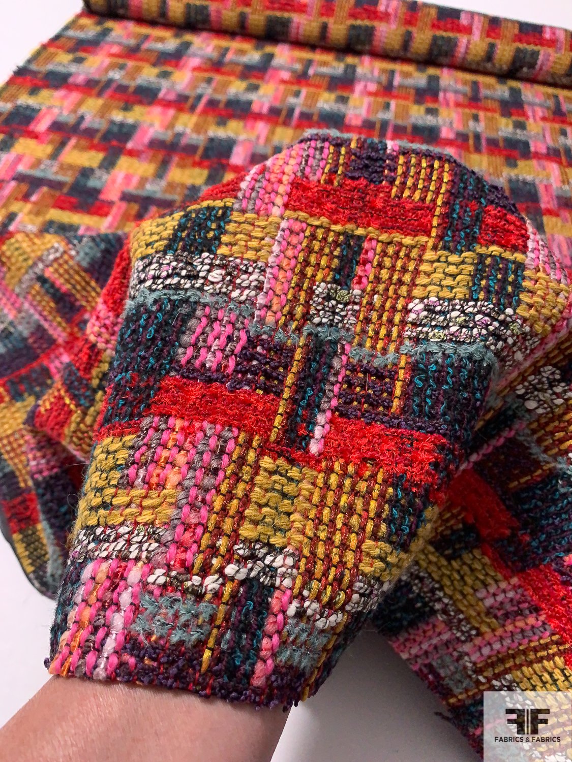 Italian Boho Basketweave Plaid Jacket Weight Fused Tweed - Multicolor