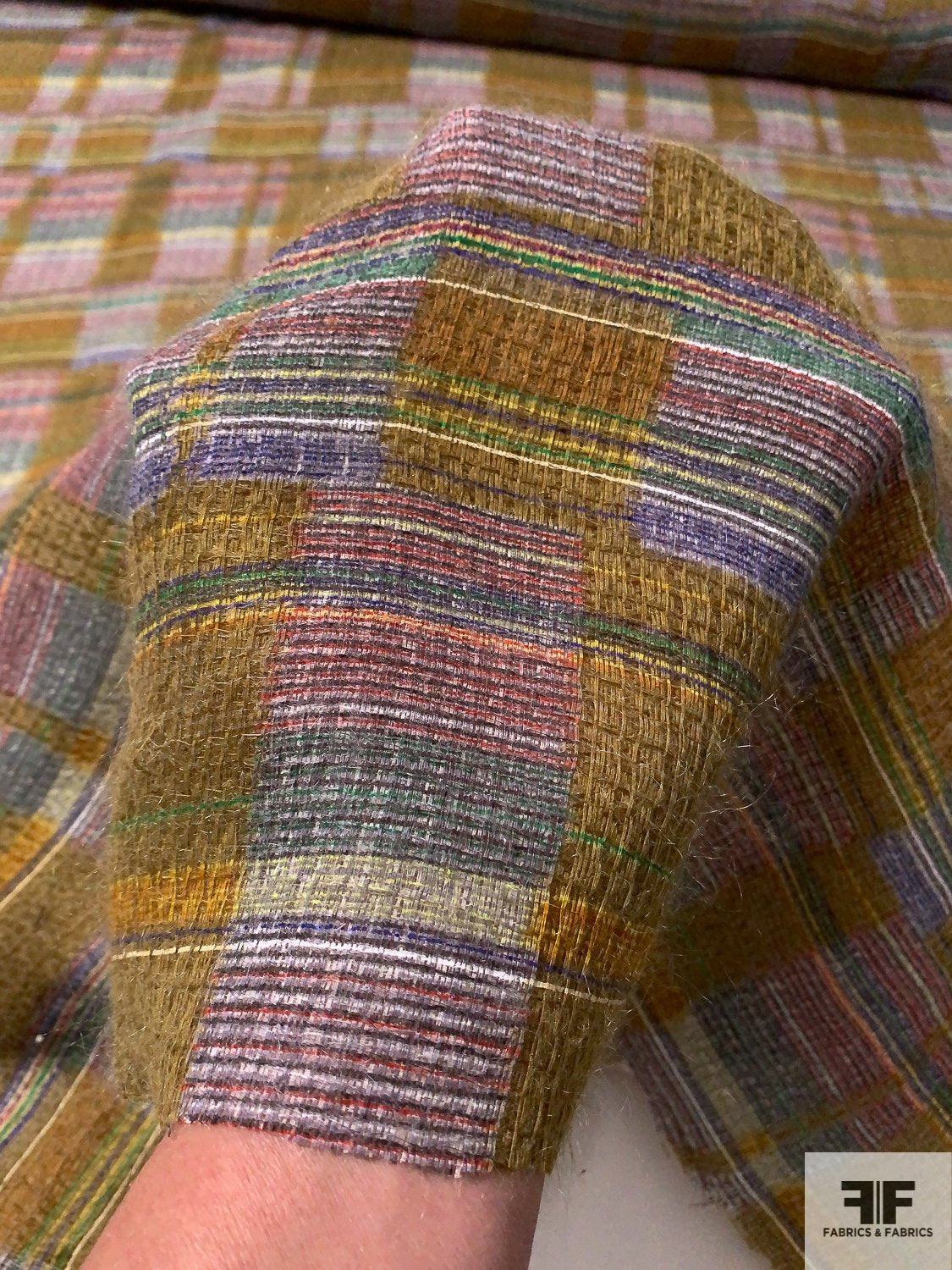 Italian Geo-Plaid Loosely Woven Gauze-Like Printed Novelty Wool - Dusty Ochre / Multicolor