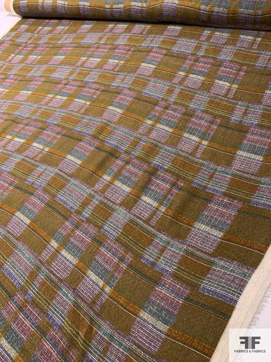 Italian Geo-Plaid Loosely Woven Gauze-Like Printed Novelty Wool - Dusty Ochre / Multicolor