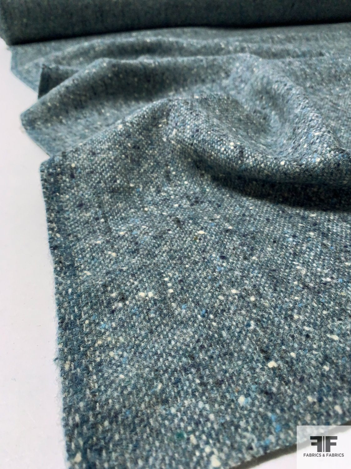 Italian Speckled Jacket Weight Wool Blend Tweed Coating - Stucco Blue Spruce / Off-White