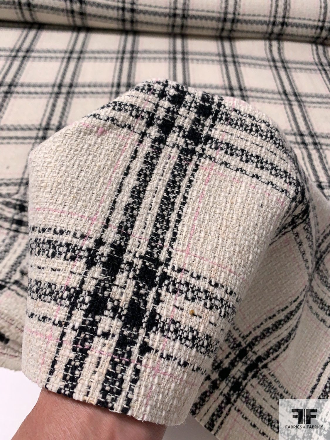 Made in Japan Windowpane Plaid Jacket Weight Tweed - Black / Ivory / Baby Pink