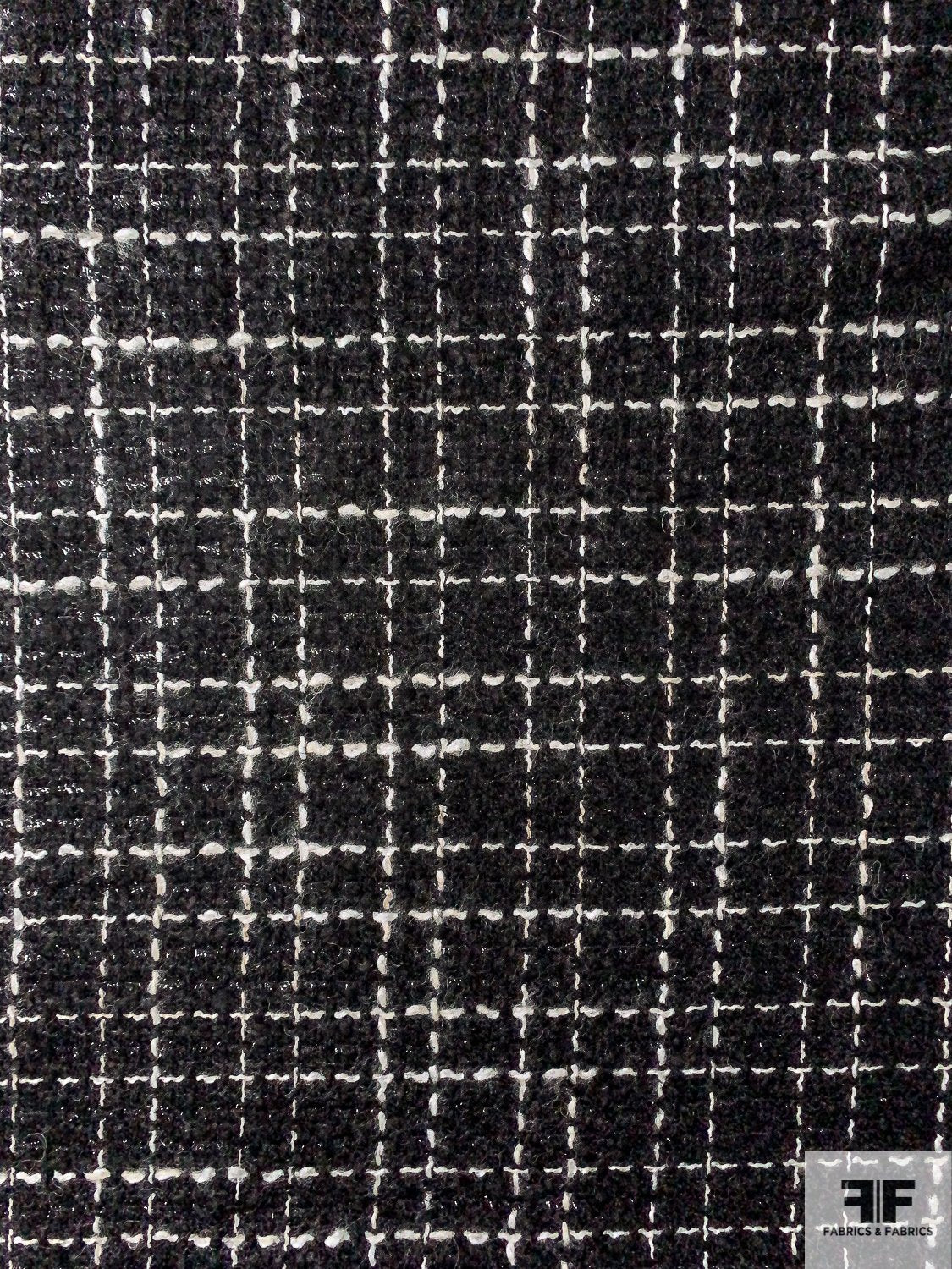 Italian Glam Brushed Plaid Wool Blend Tweed with Lurex - Black / Off-White
