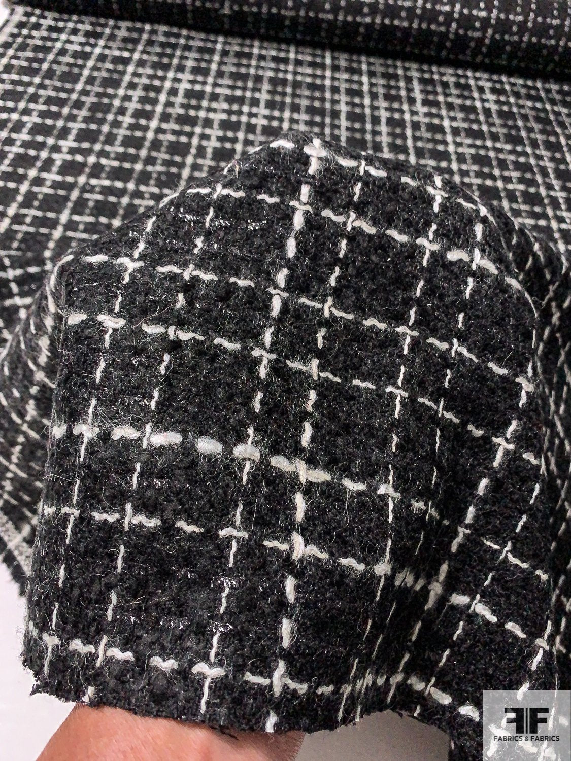Italian Glam Brushed Plaid Wool Blend Tweed with Lurex - Black / Off-White