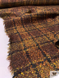 Italian Gingham Plaid Flat Boucle Wool Tweed Suiting - Brown / Autumn Orange / Mustard / Black