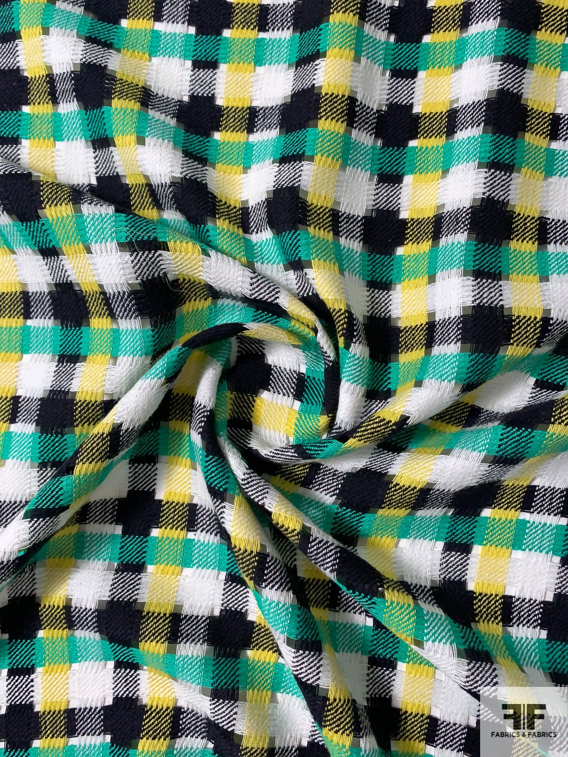 Italian Open-Weave Modern Plaid Ladies Cotton Suiting - Sea Green / Yellow / Black / White