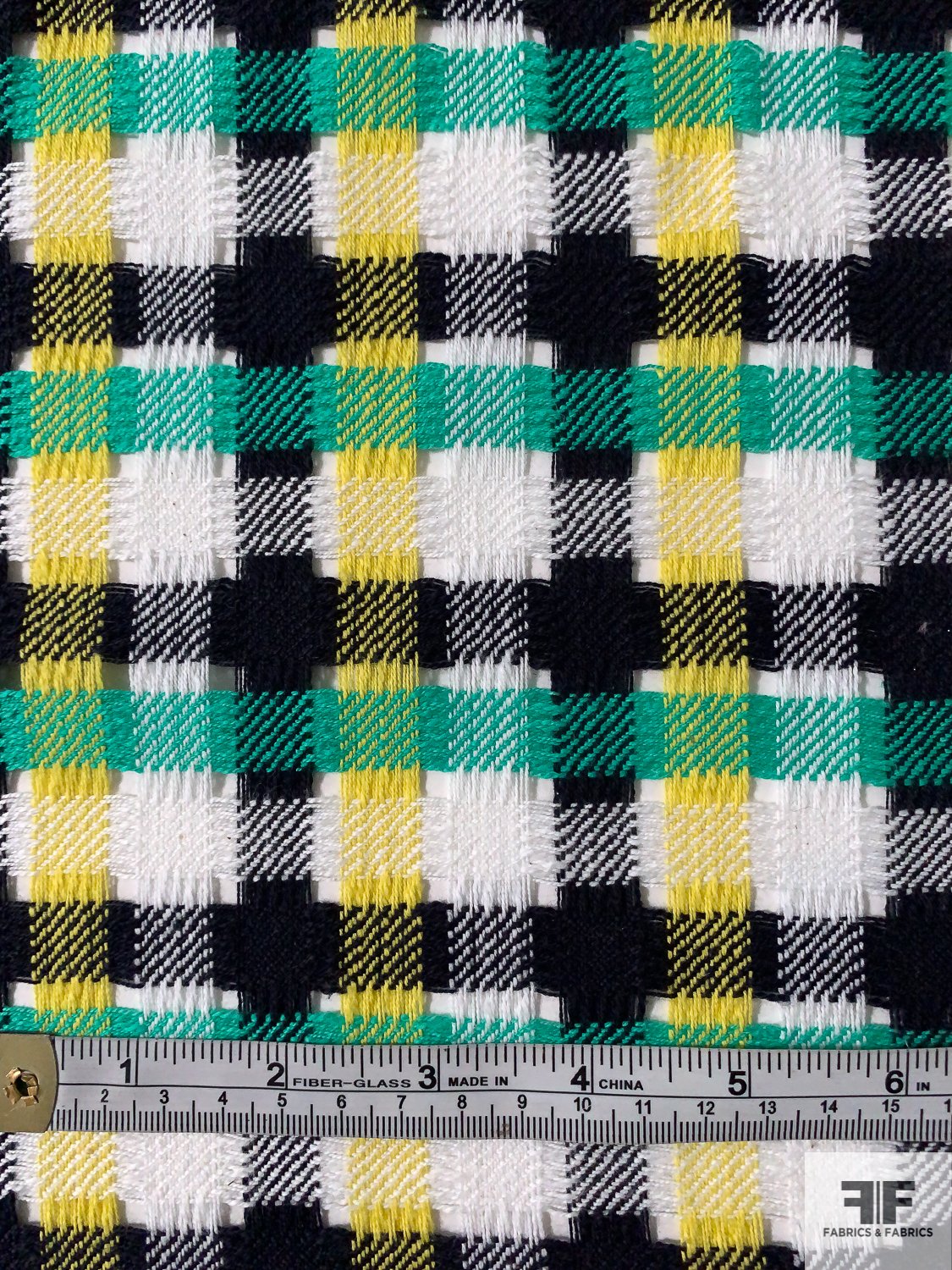 Italian Open-Weave Modern Plaid Ladies Cotton Suiting - Sea Green / Yellow / Black / White