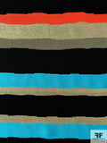 French Glam Striped Design Novelty Suiting - Turquoise Blue / Gold / Black / Orange