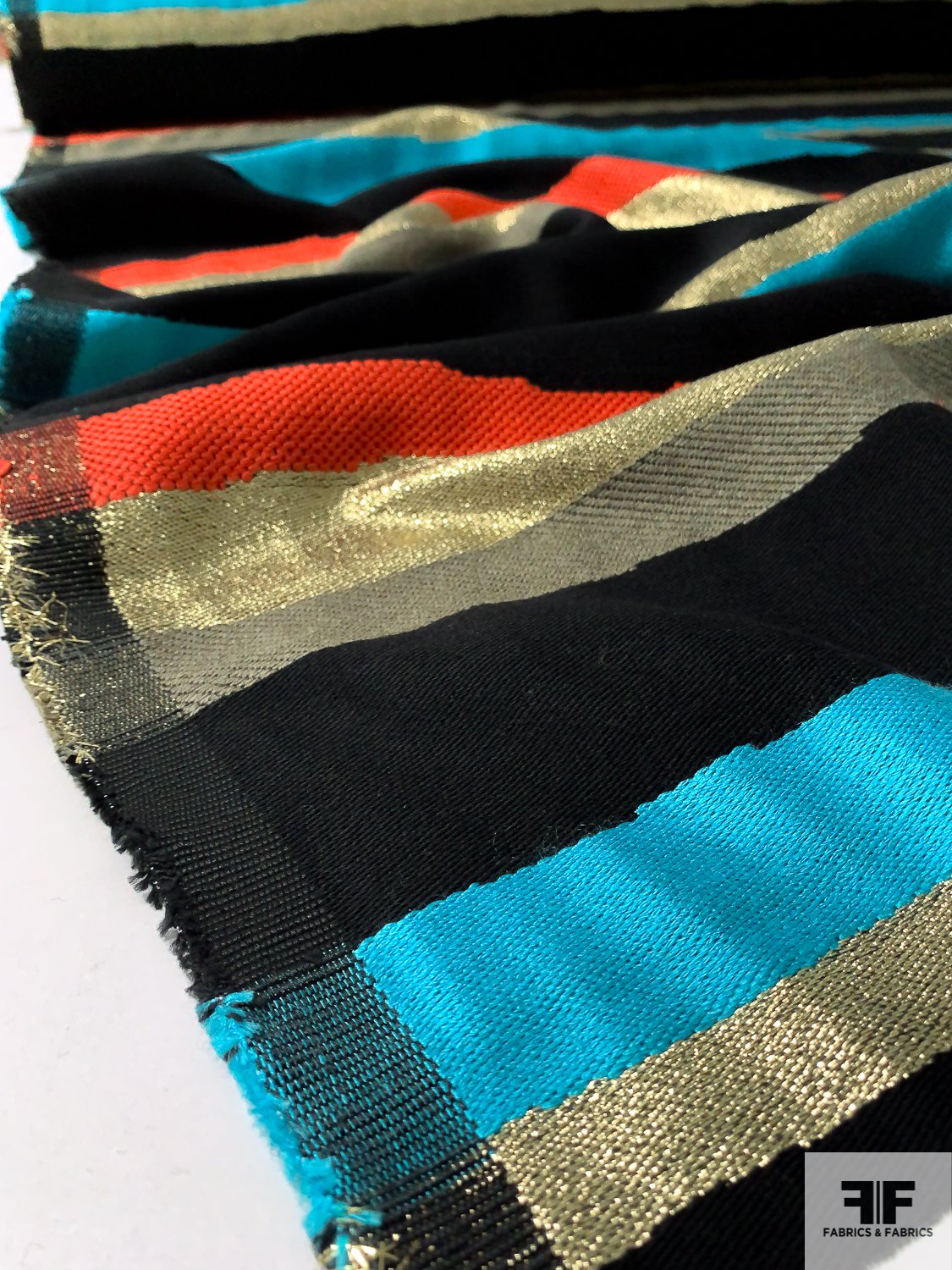 French Glam Striped Design Novelty Suiting - Turquoise Blue / Gold / Black / Orange