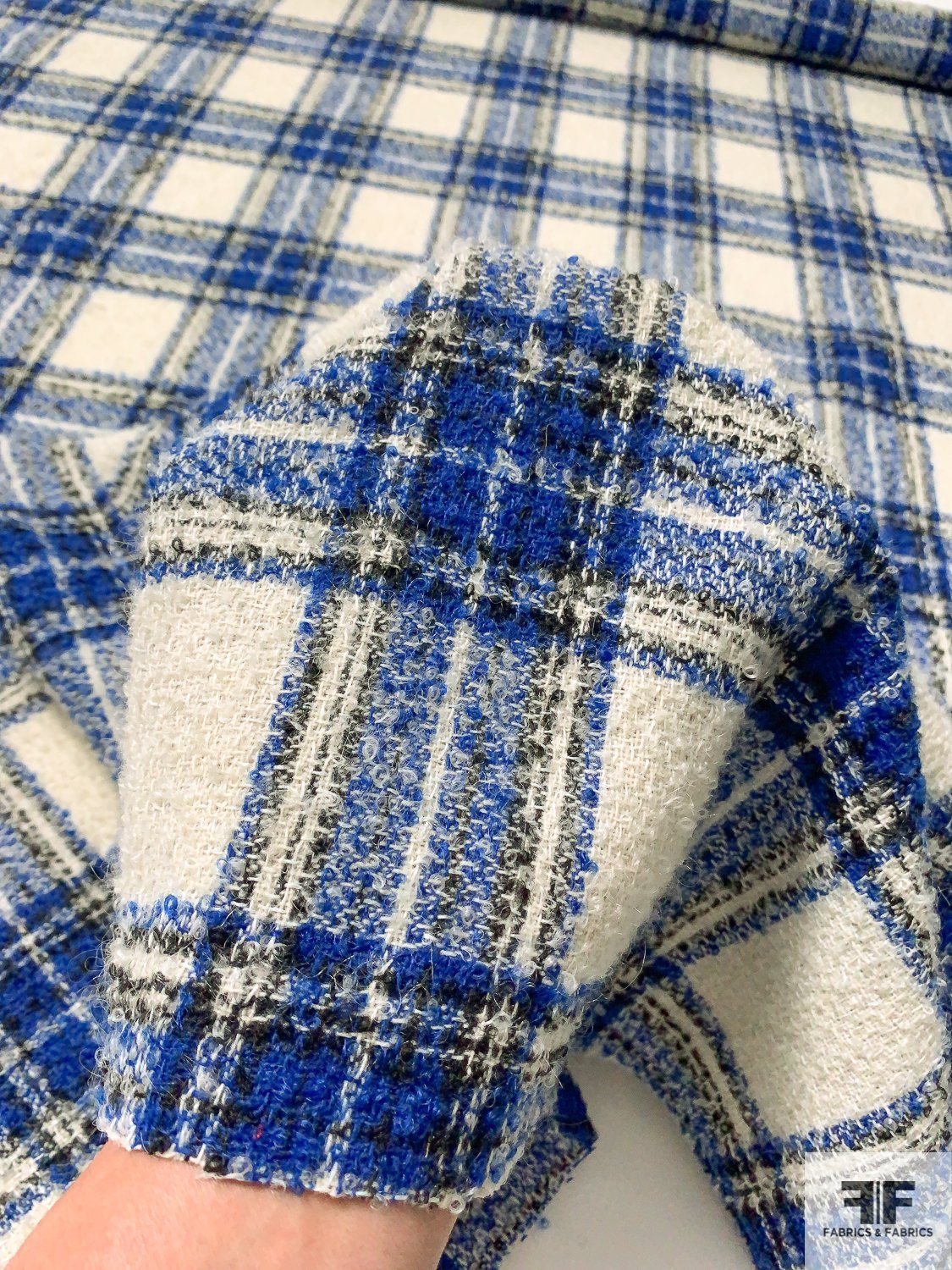 Italian Plaid Boucle Jacket Weight Wool Suiting - Royal Blue/Black