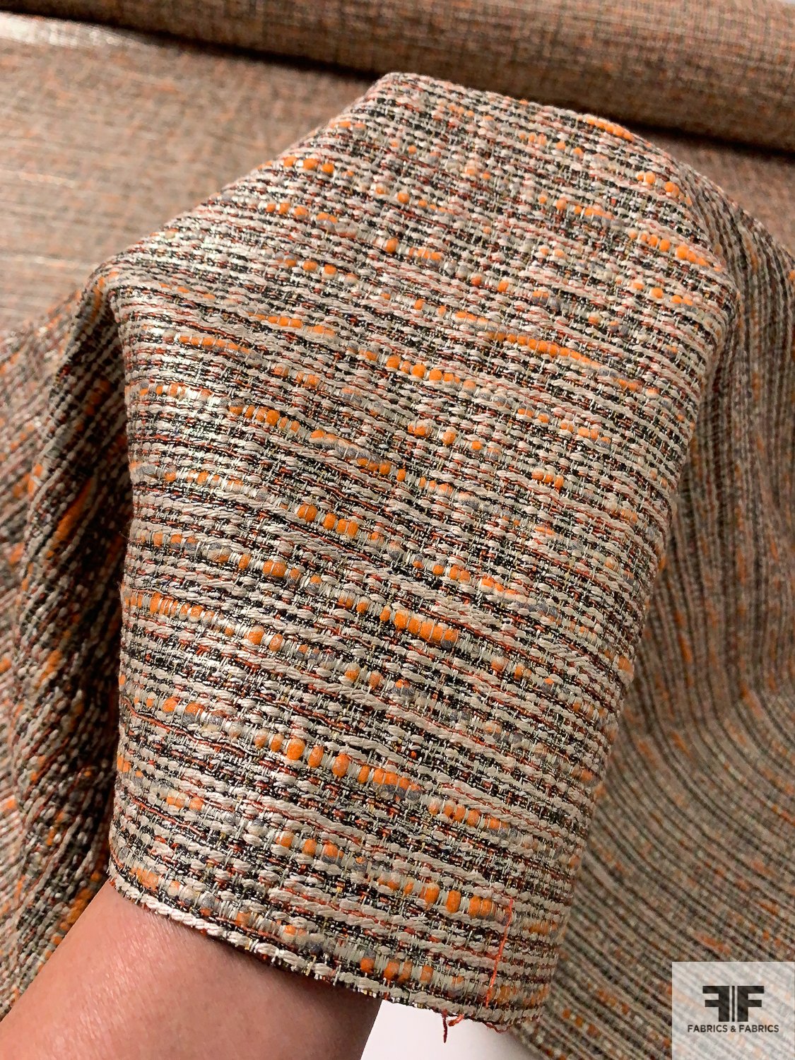 Italian Foil Printed Ladies Tweed  Suiting - Shades of Orange / Brown / Ivory / Silver