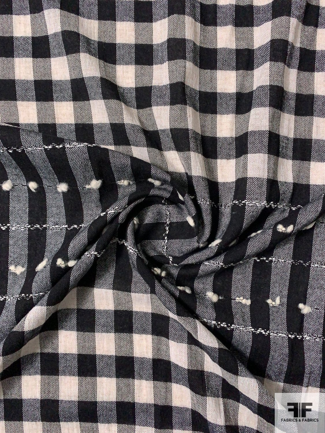 Italian Gingham and Striped Lightweight Suiting with Nub Yarns - Black / Ivory