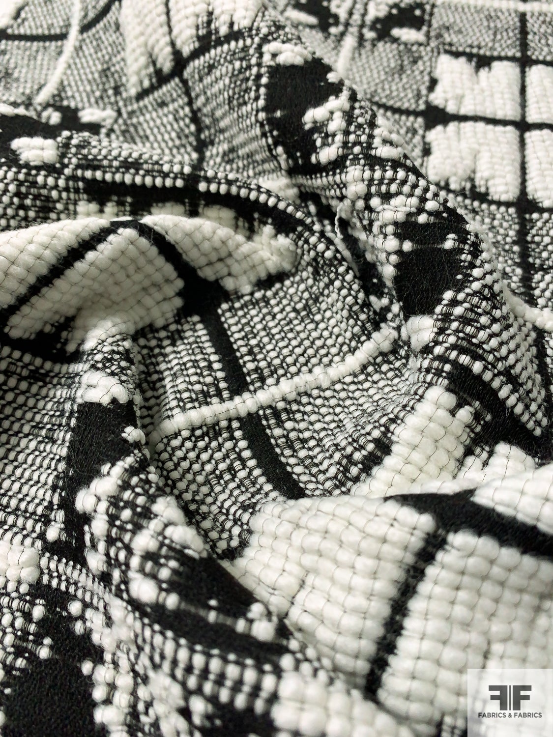 Italian Geometric Plaid Textured Novelty Ladies Suiting - Black / Off-White