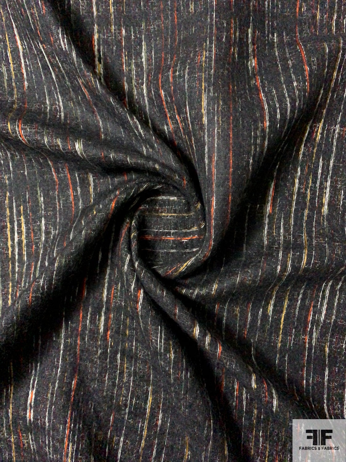 Italian Streaky Lines Brushed Wool Blend Suiting - Black / Turmeric / Orange / Off-White