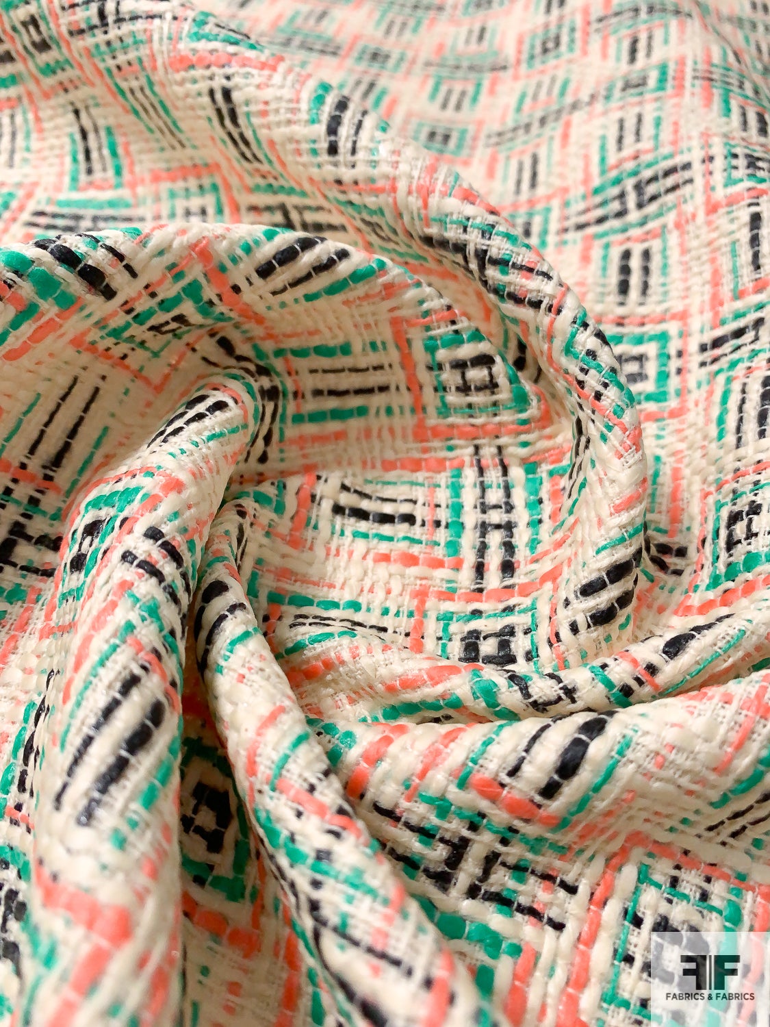 Italian Ethno-Geometric Ladies Tweed Suiting with Rafia Finish - Ivory / Aqua Green / Hot Coral / Navy
