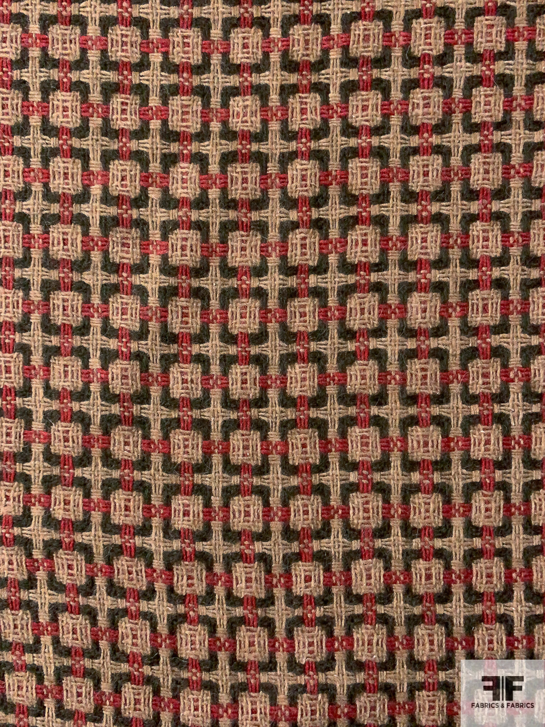 Italian Geometric Grid Wool Blend Tweed - Tan / Forest Green / Dusty Raspberry