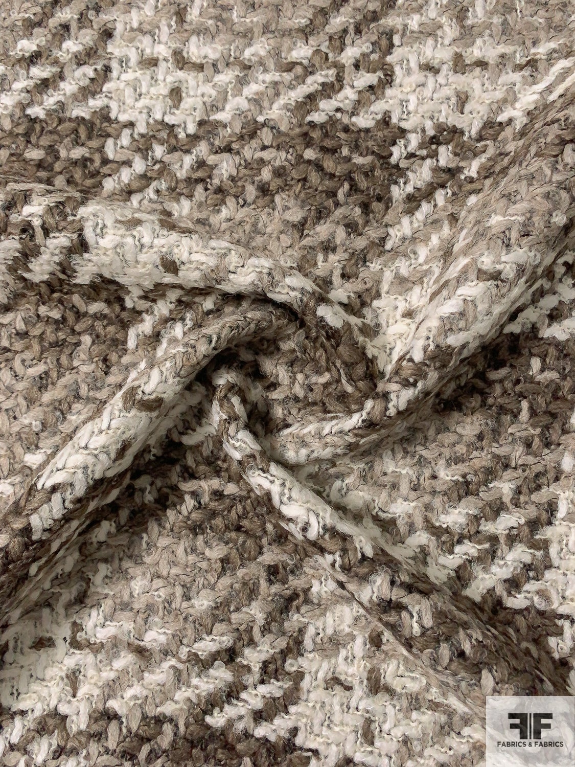 Italian Basketweave Grid Boucle Wool Blend Jacket Weight Coating - Shades of Taupe / Off-White