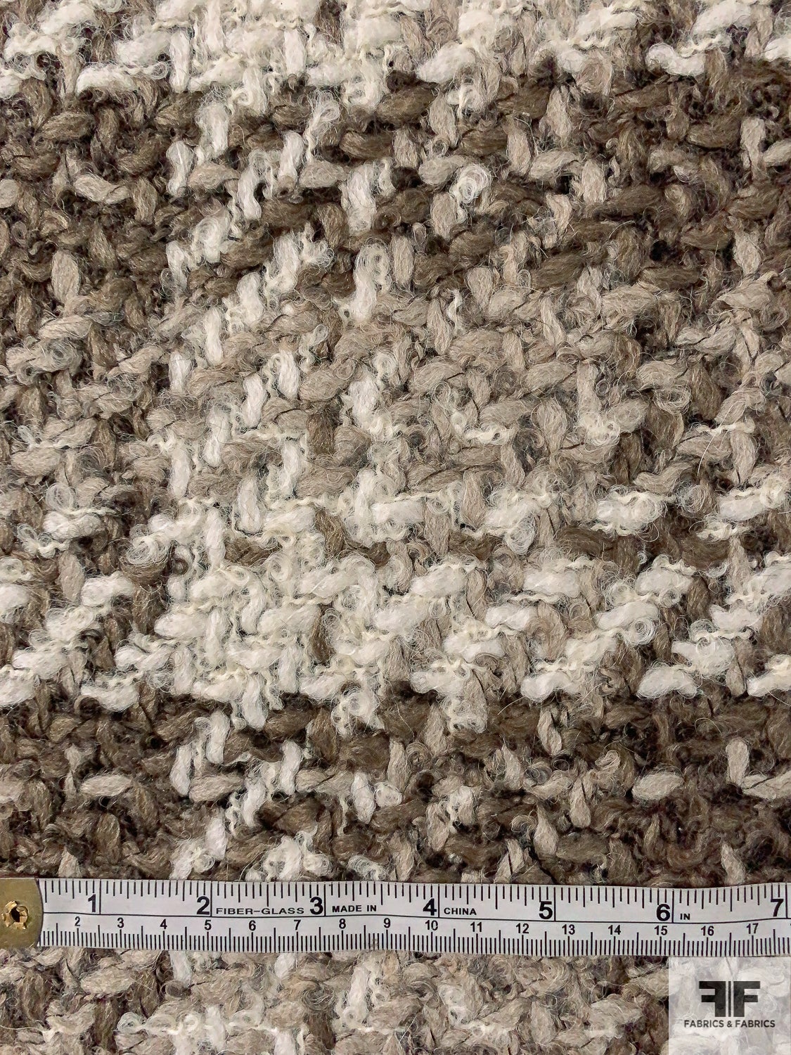 Italian Basketweave Grid Boucle Wool Blend Jacket Weight Coating - Shades of Taupe / Off-White