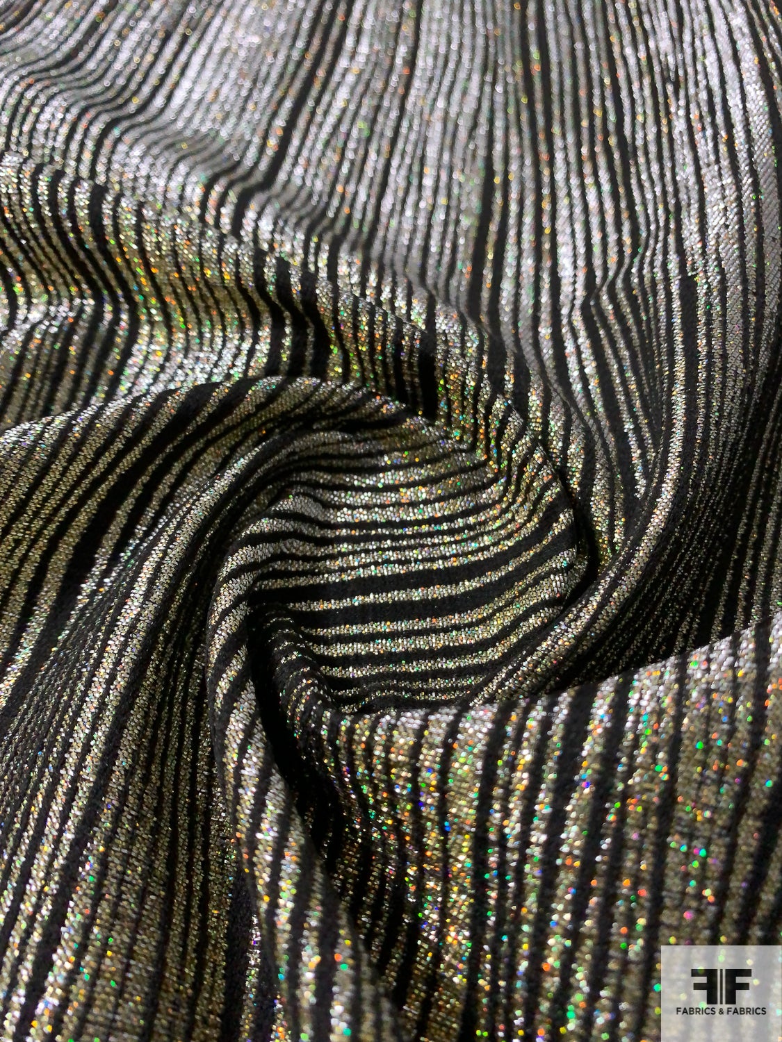 Italian Ladies Suiting with Metallic Wavy Stripes and Vertical Stretch - Aurora Borealis Gold / Black