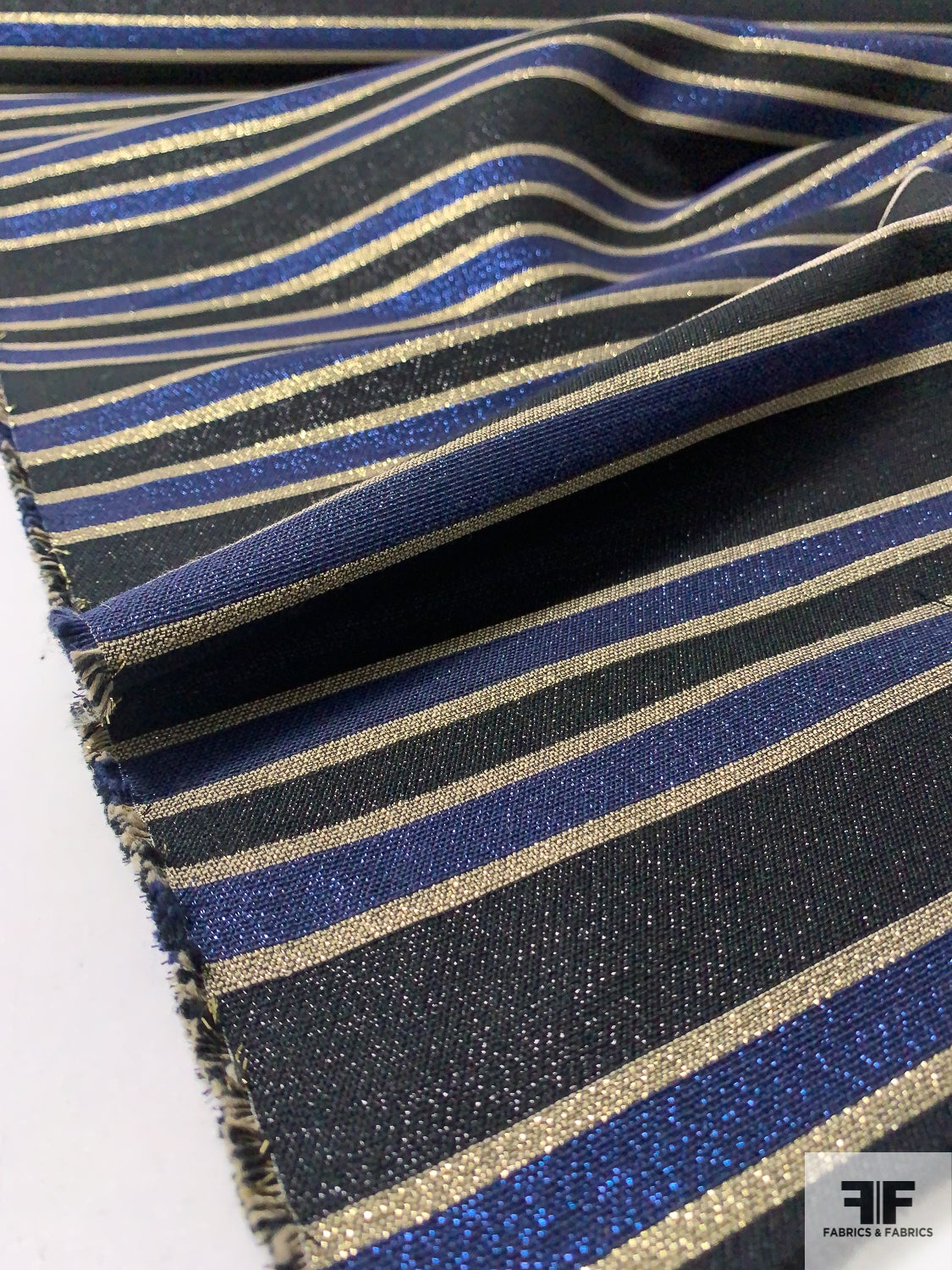 Italian Glam Striped Poly-Cotton Lamé - Black / Blue / Gold