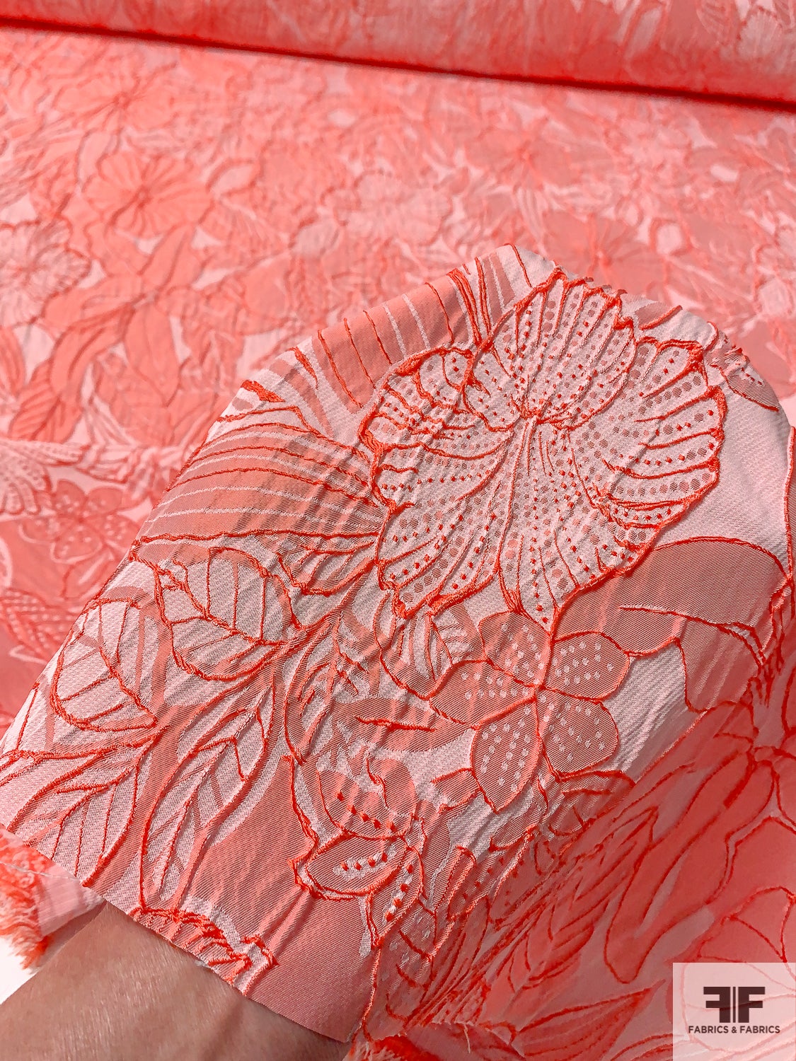 Floral Textured Brocade - Hot Orange-Coral / Light Pink