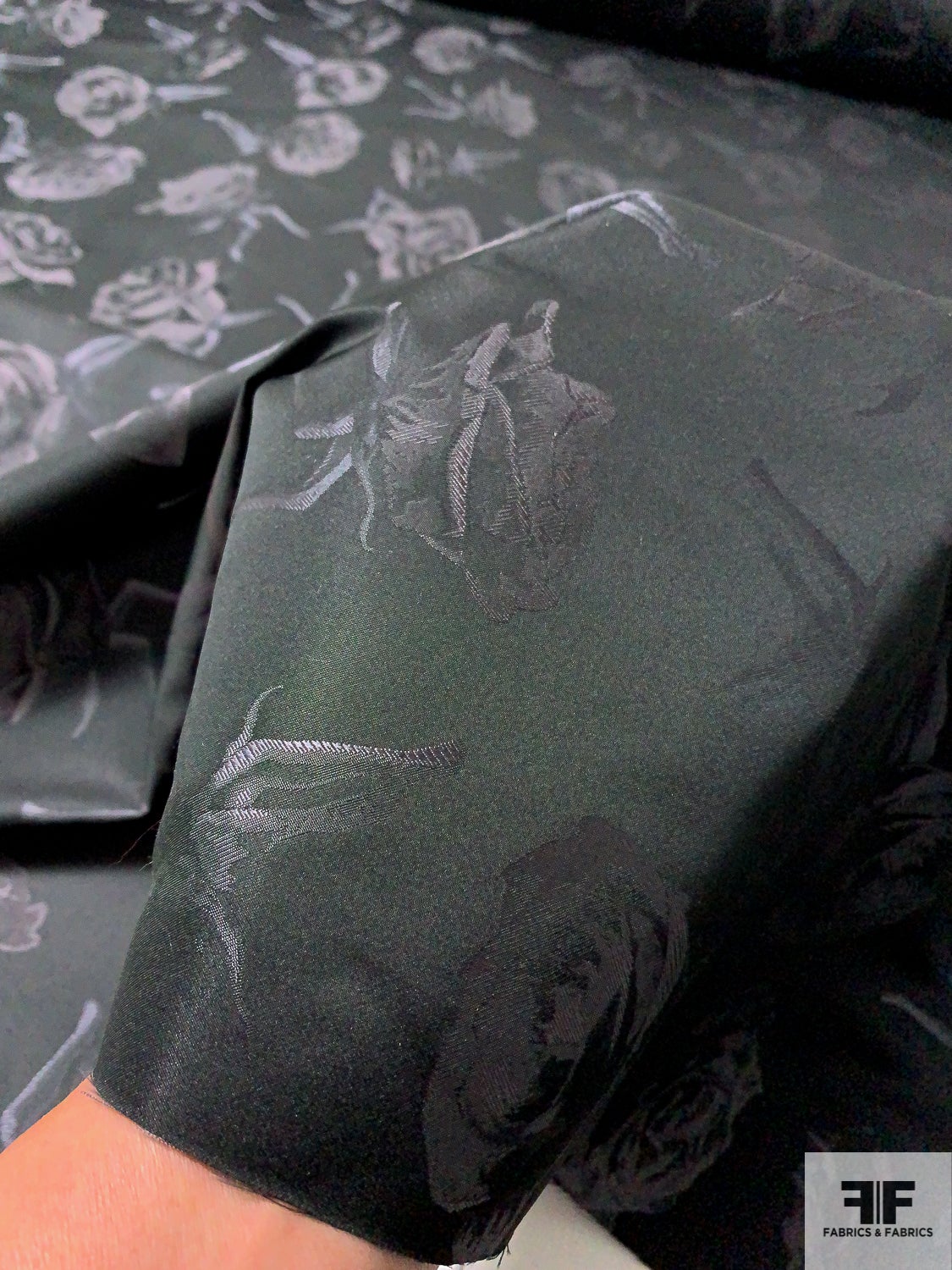 Italian Floral Rosettes Silk Blend Satin Jacquard - Black / Steel Grey