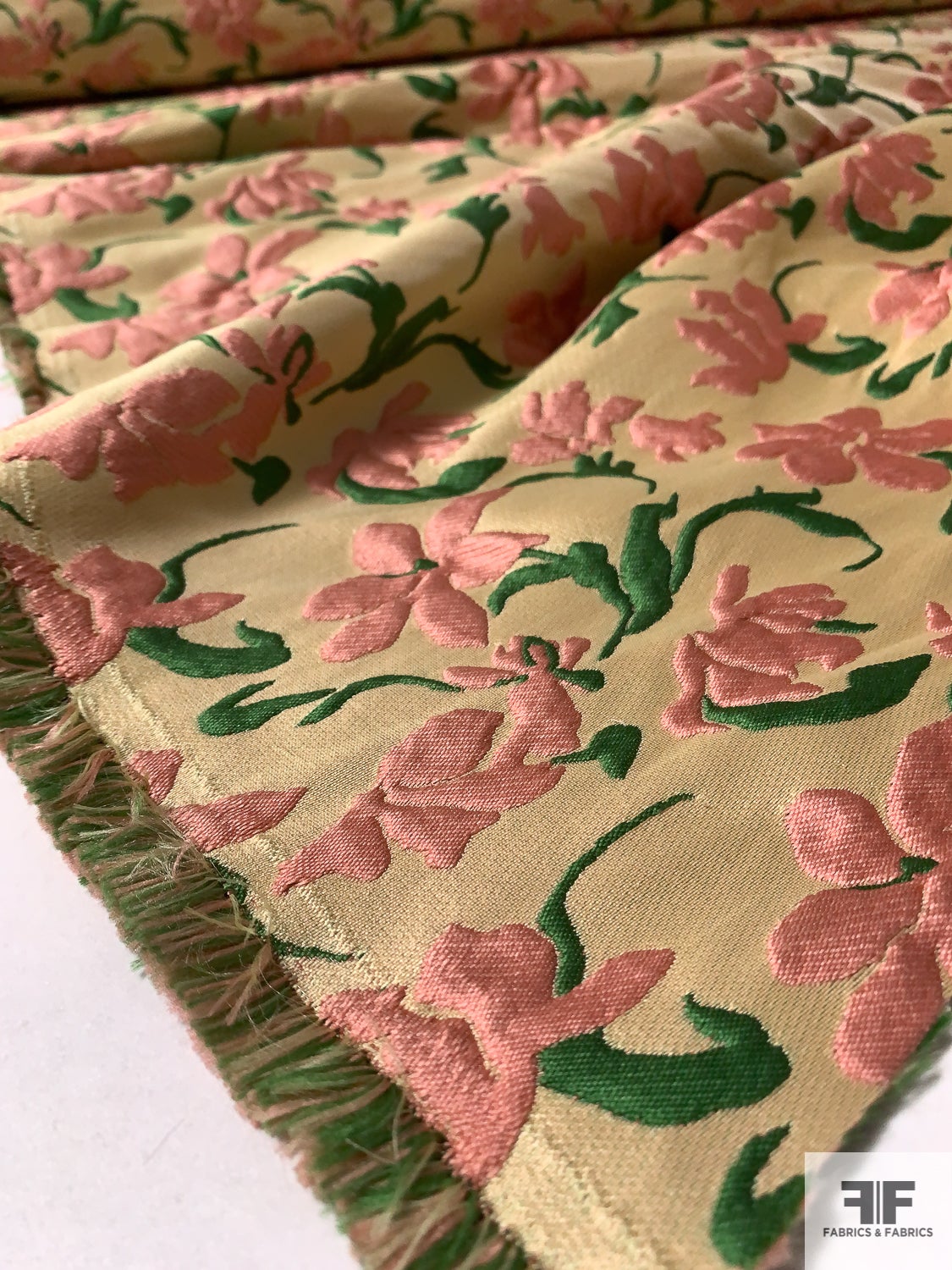 Floral Blossoms Textured Brocade - Dusty Pink / Green / Light Gold