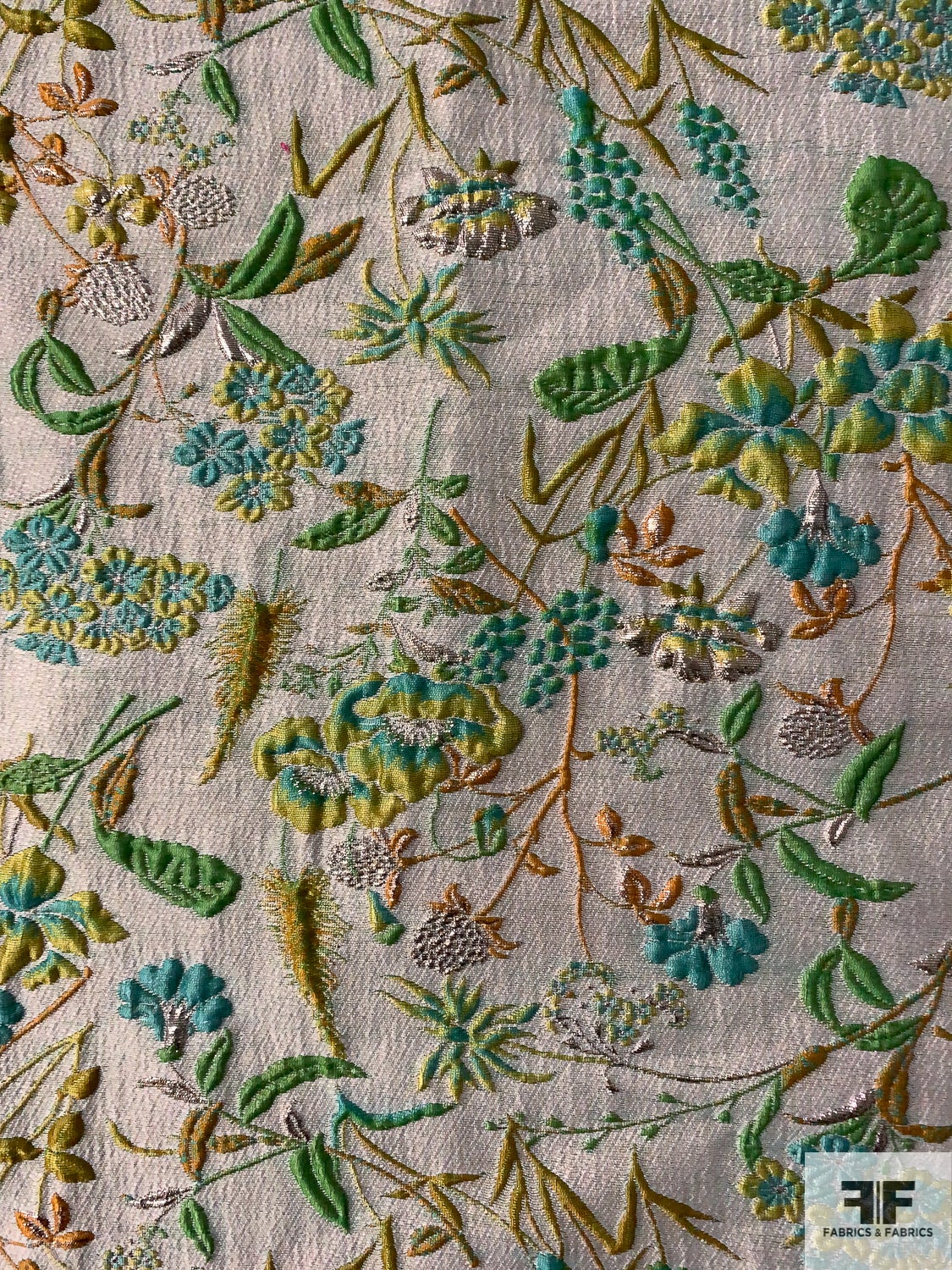 Exquisite Floral Textured Brocade with Metallic Accents - Shades of Greens / Turmeric / Grey