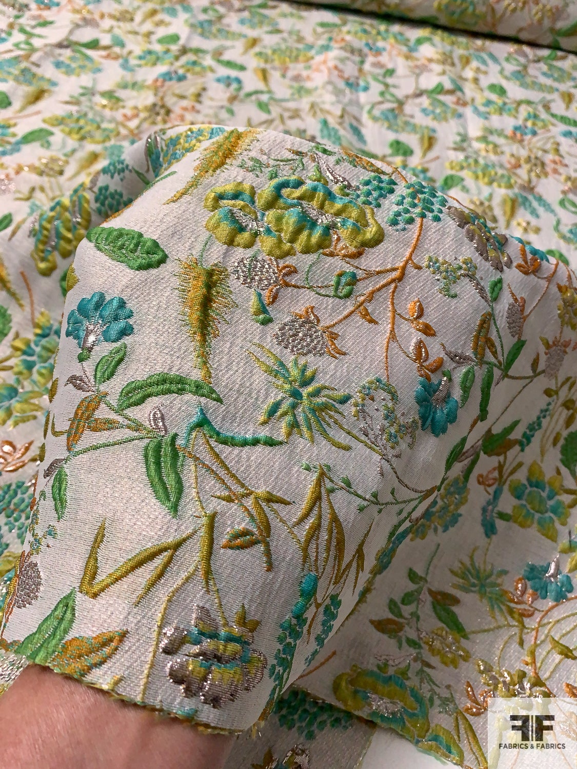 Exquisite Floral Textured Brocade with Metallic Accents - Shades of Greens / Turmeric / Grey
