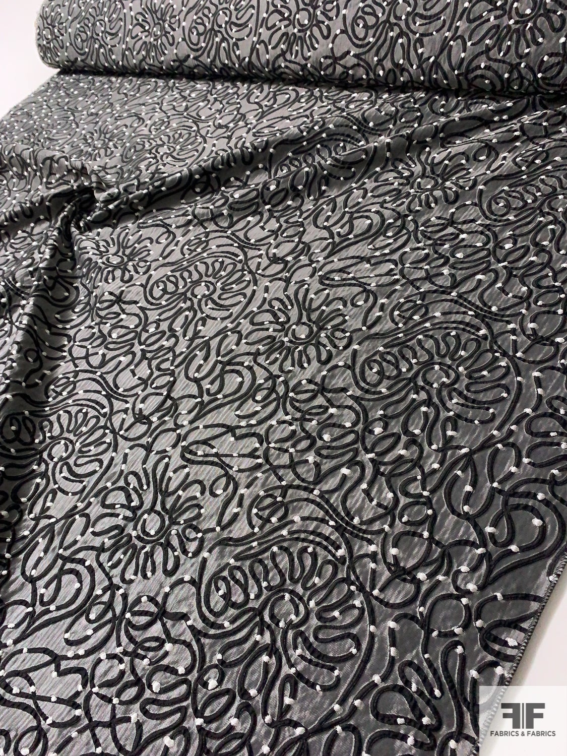 Italian Ribbon-Look Swirl Brocade - Steel Grey / Black / Off-White