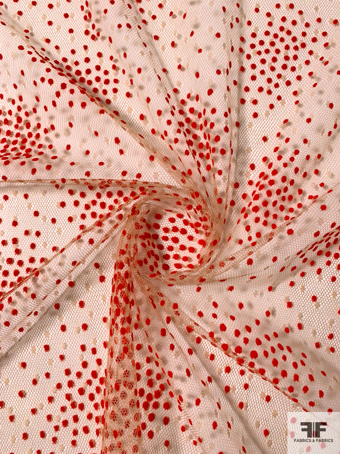 Fine Point D'Esprit Tulle with Flocked Dot Clusters - Nude / Red